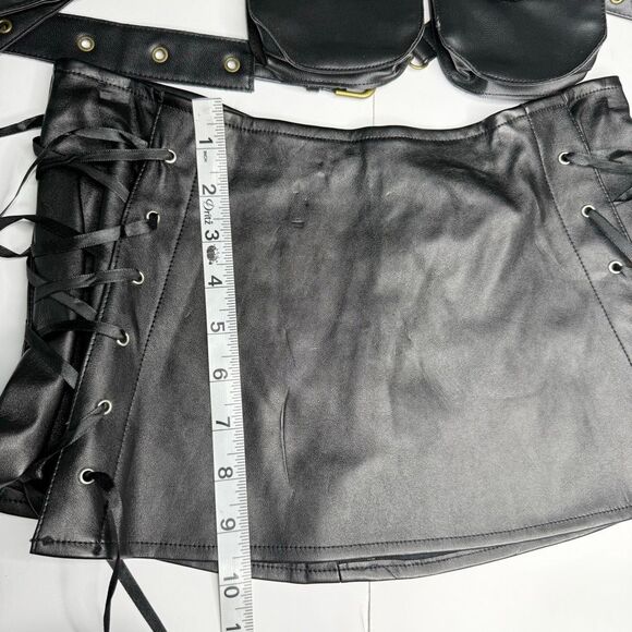 Black Faux Leather Lace Festival Costume Set Corset Skirt Utility Belt Size M - Picture 5 of 10